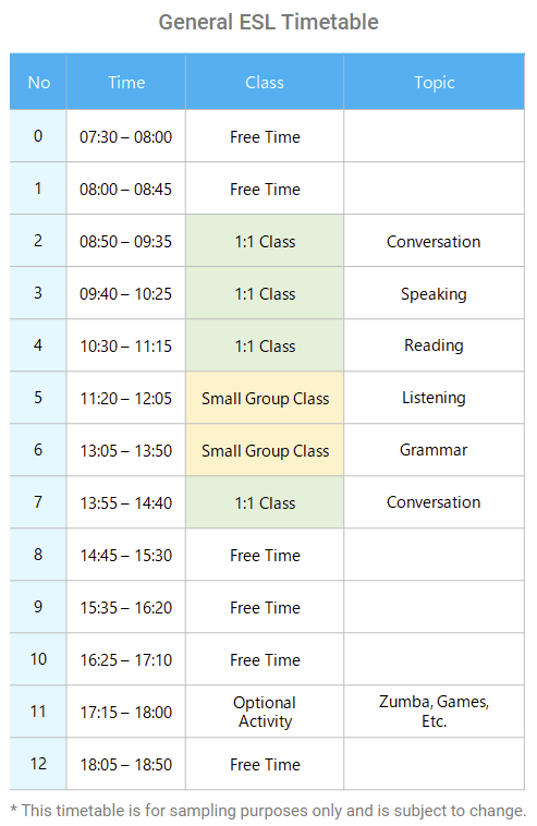 General ESLコースのスケジュール