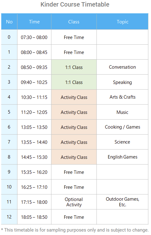 Kinder Courseのスケジュール